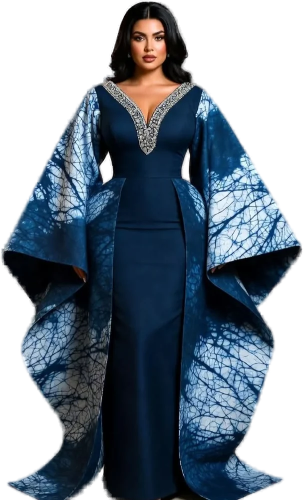 Model wearing an indigo adire evening gown