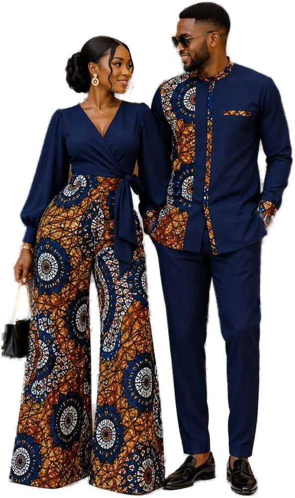 Couple in matching navy and Ankara outfits