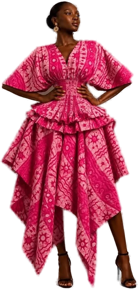 Model wearing a fuchsia Ankara ruffle gown